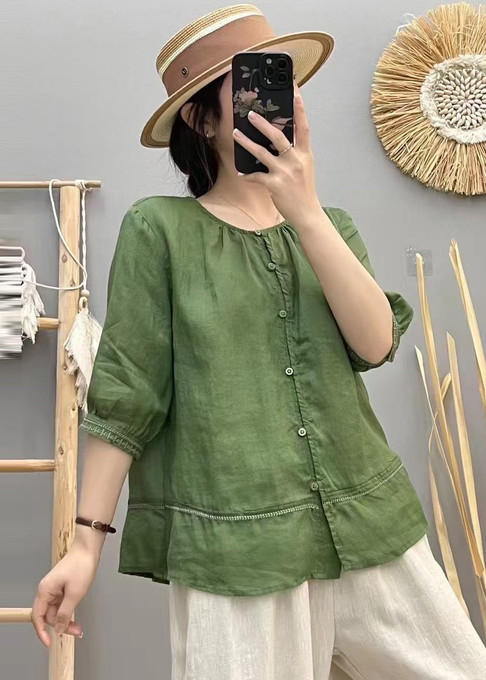 Patchwork Summer O-Neck Top Beige Cotton Shirt Vintage