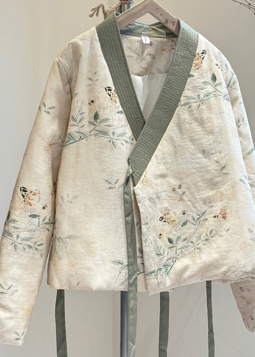 Vintage Beige V Neck Lace Up Fine Cotton Filled Coats Spring TJ030