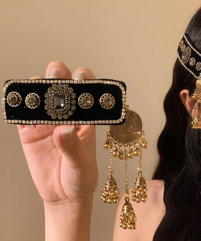 Tassel Black Alloy Bell Hairpin Zircon Vintage Acrylic