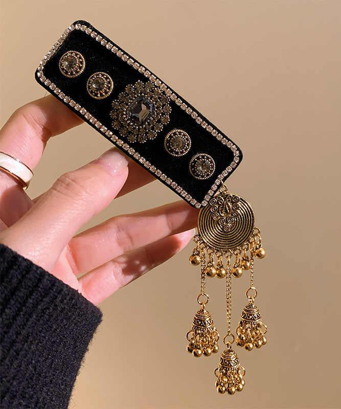 Tassel Black Alloy Bell Hairpin Zircon Vintage Acrylic