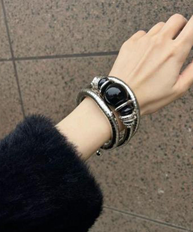 Bangle Elastic Alloy Vintage Black Agate