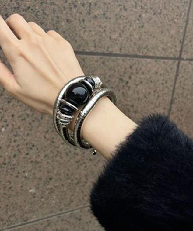 Bangle Elastic Alloy Vintage Black Agate