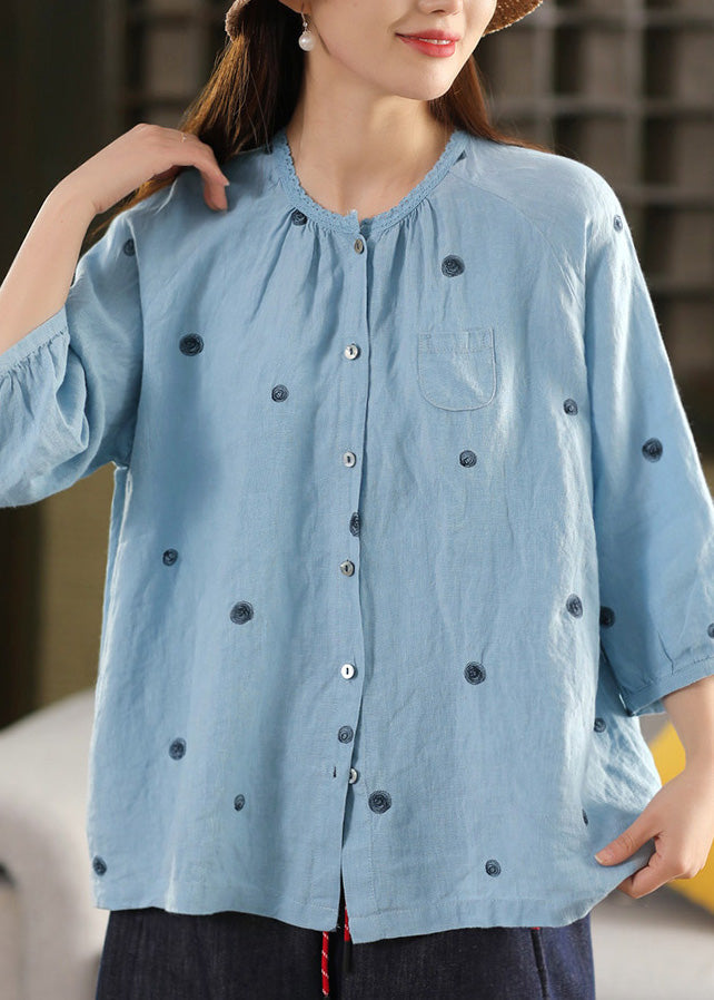 Button Blouse Vintage Black Summer Top Linen Embroidered