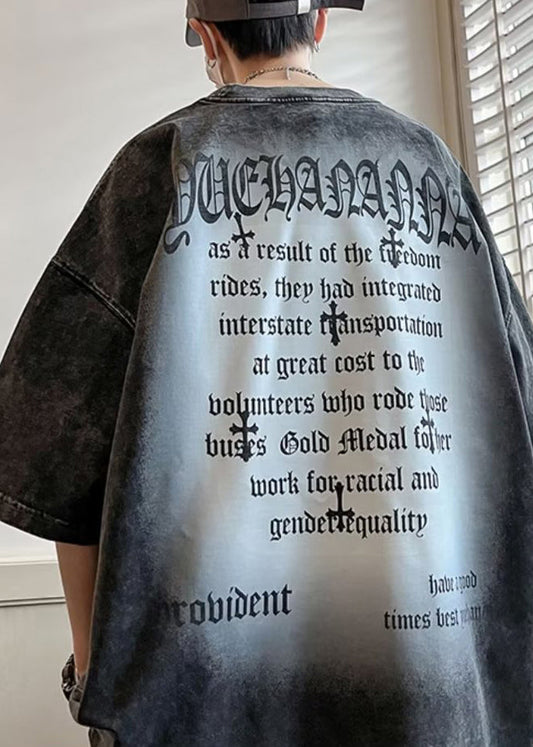 Sleeve T O Half Cotton Neck Black Letter Vintage Men's Shirts