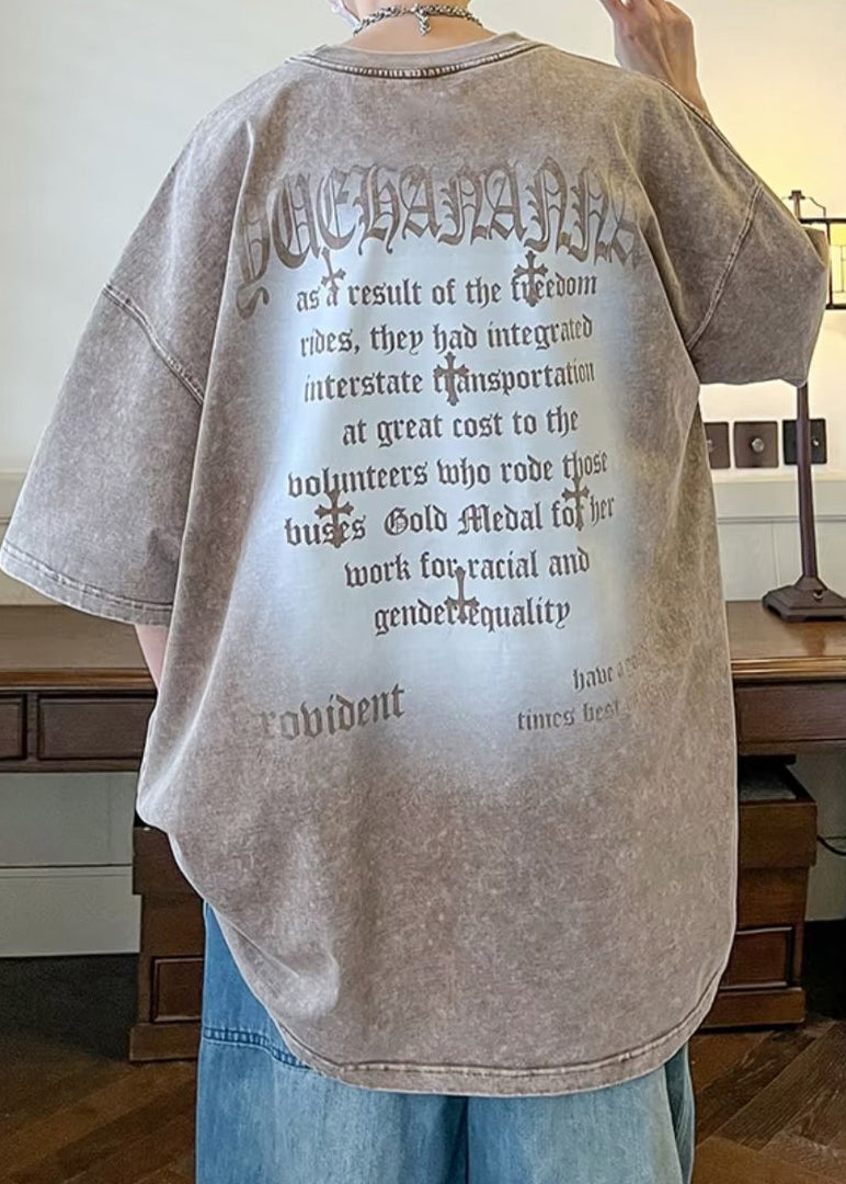 Sleeve T O Half Cotton Neck Black Letter Vintage Men's Shirts