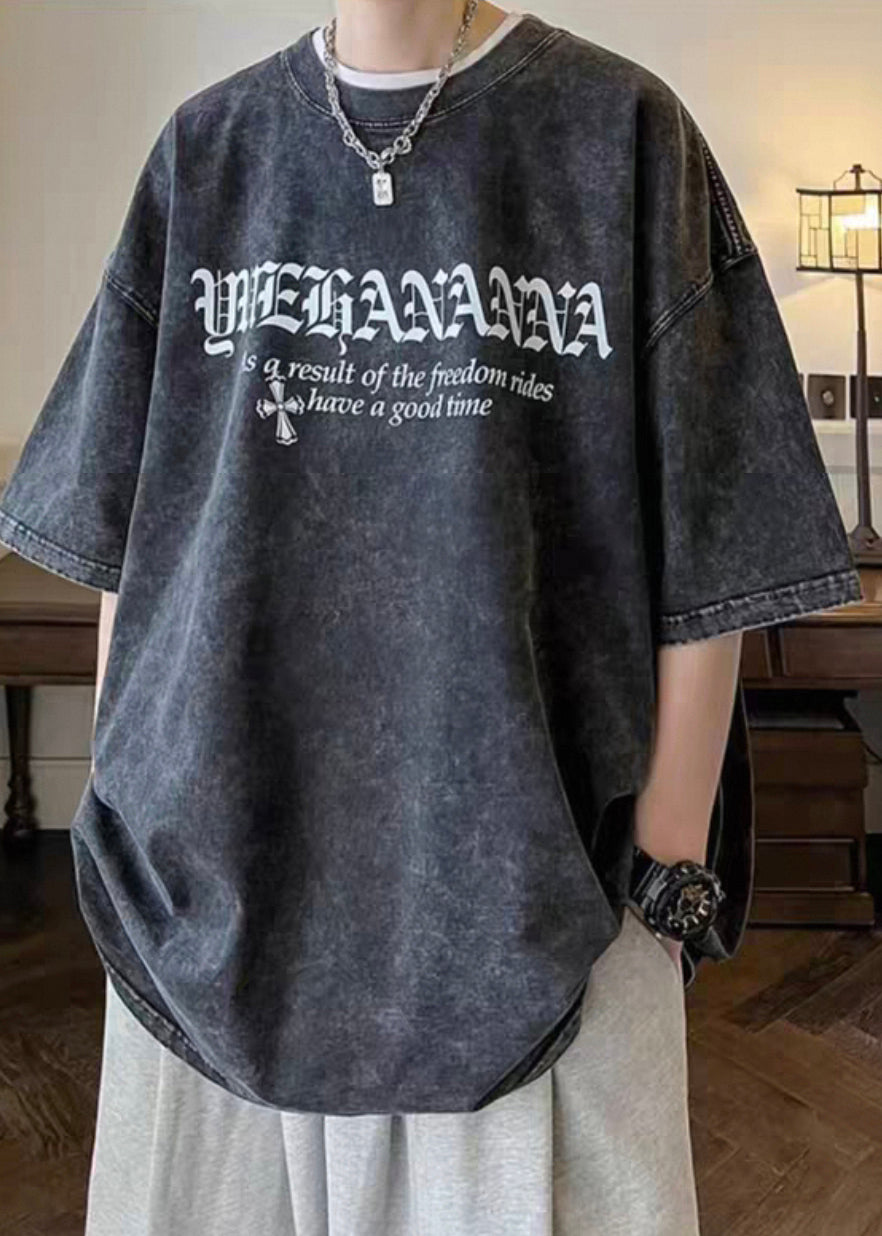 Sleeve T O Half Cotton Neck Black Letter Vintage Men's Shirts