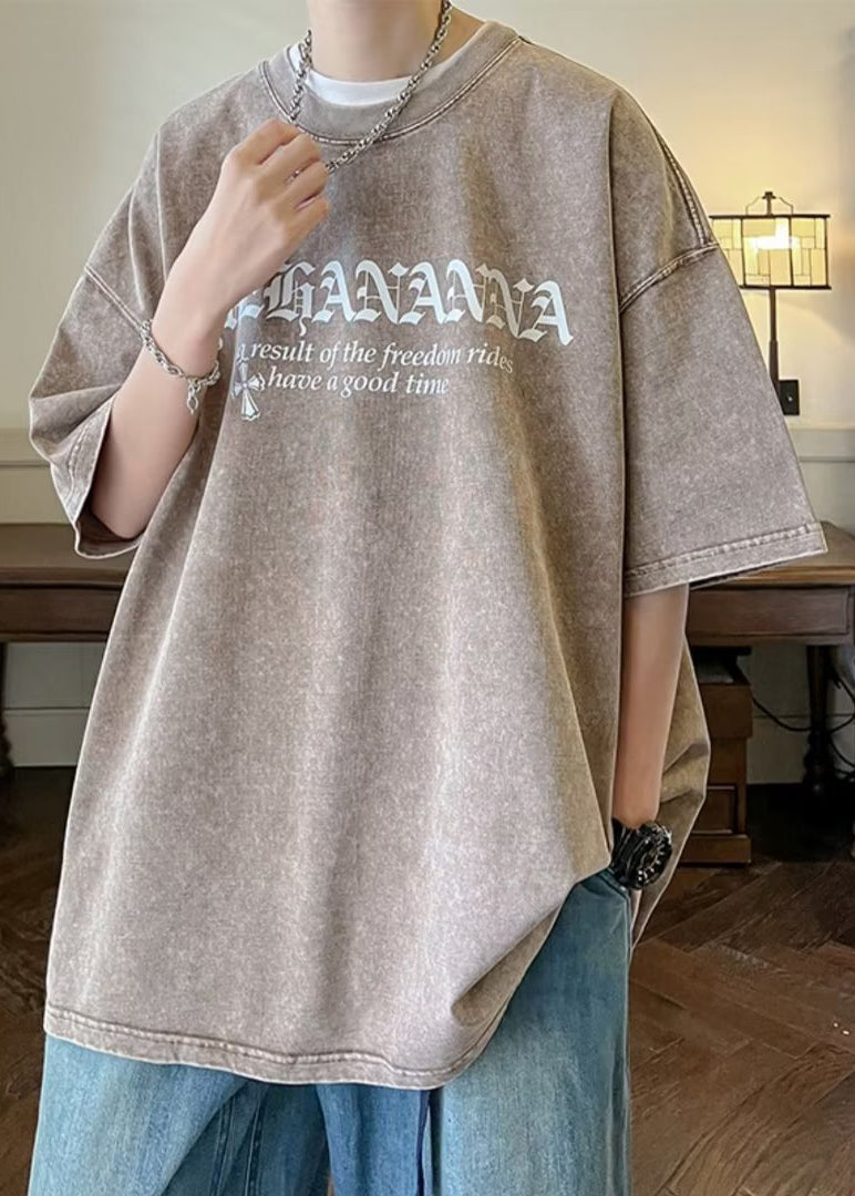 Sleeve T O Half Cotton Neck Black Letter Vintage Men's Shirts