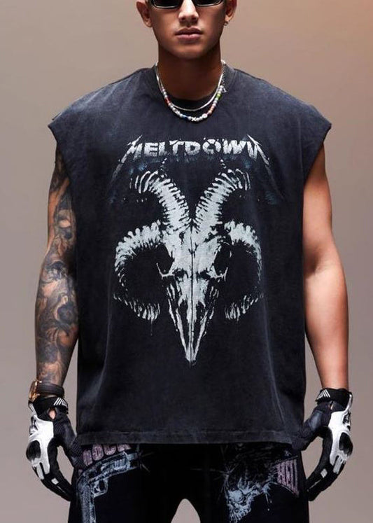 Letter Cotton Black Print Vintage Men Tank Sleeveless