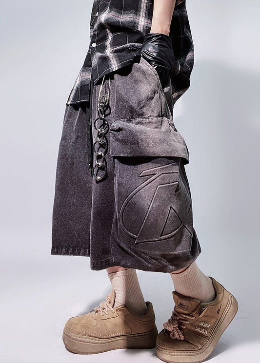 Waist Summer Pockets Black Elastic Men Vintage Oversized Denim Shorts