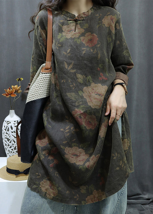 Bracelet Button Vintage Dress Sleeve Print Shirts Black Linen