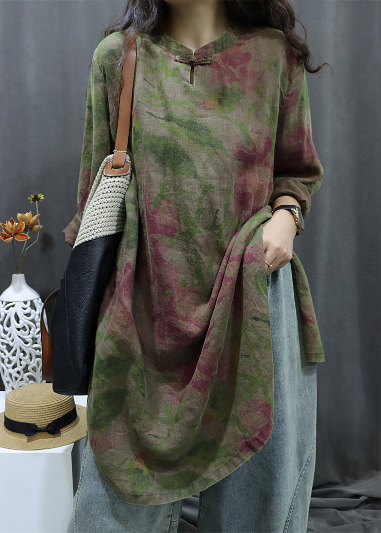 Print Dress Vintage Black Linen Button Sleeve Shirts Bracelet