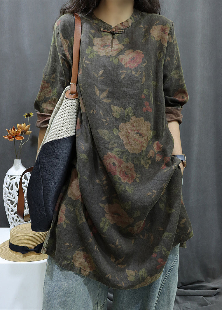 Print Dress Vintage Black Linen Button Sleeve Shirts Bracelet