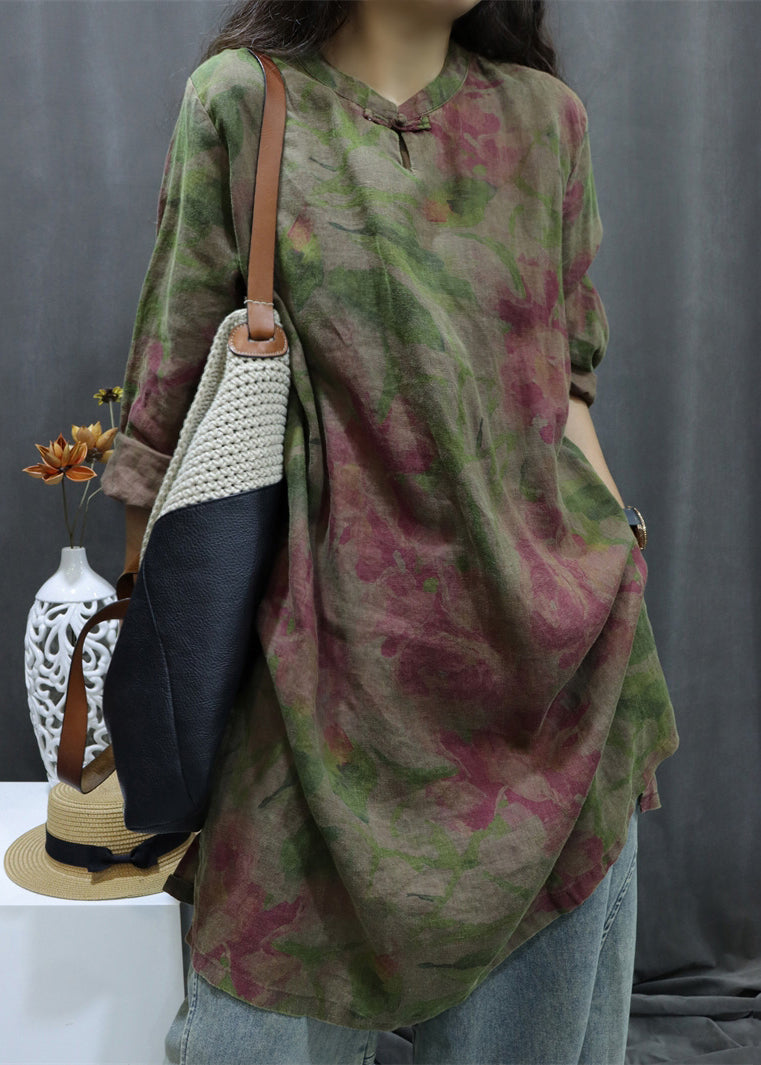 Print Dress Vintage Black Linen Button Sleeve Shirts Bracelet