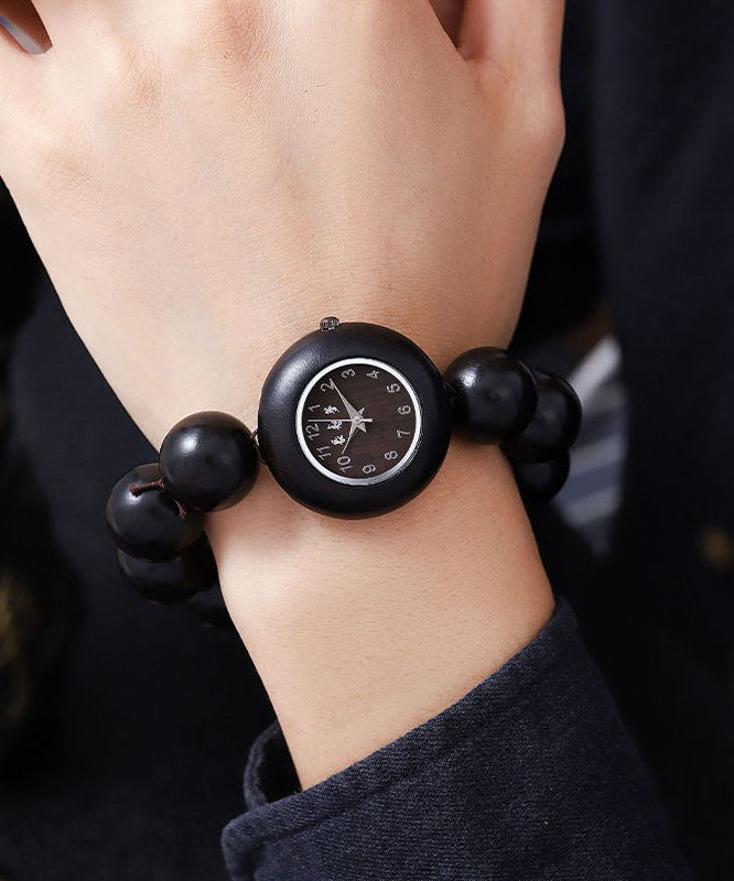 Out Hollow Vintage Watches Sandalwood Movement Black Quartz