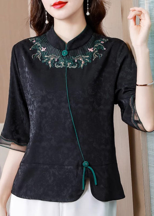 Vintage Black Stand Collar Embroidered Silk Blouse Top Summer BB008