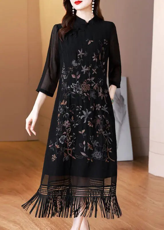 Vintage Black Tasseled Embroidered Silk Long Dresses Bracelet Sleeve Ada Fashion