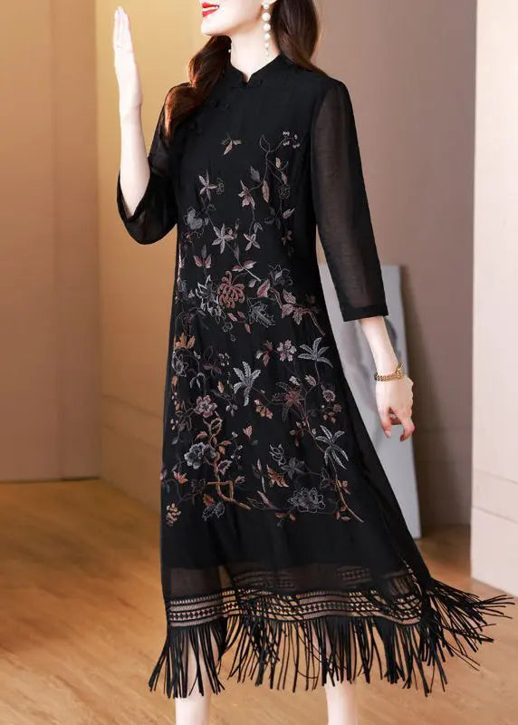 Vintage Black Tasseled Embroidered Silk Long Dresses Bracelet Sleeve Ada Fashion