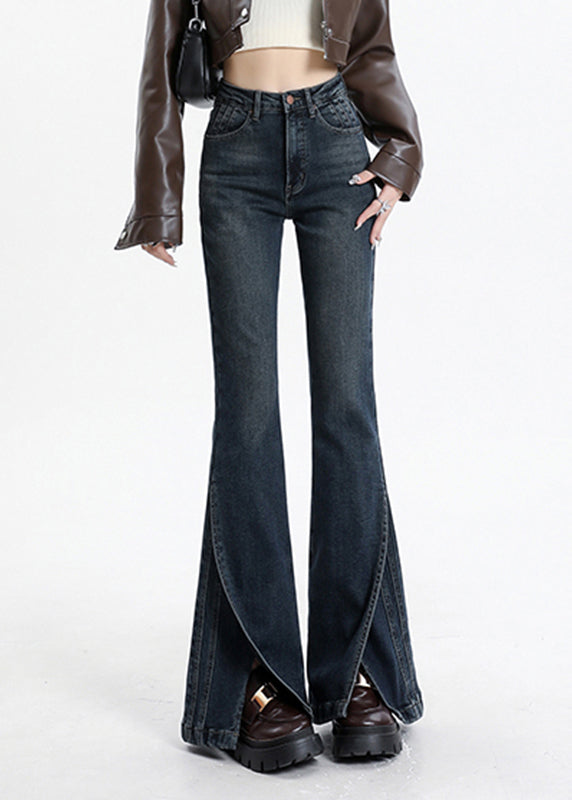 Asymmetrical Denim High Waist Pockets Vintage Blue Patchwork