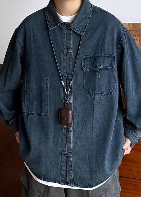 Men Pockets Oversized Button Blue Coat Vintage Spring Denim
