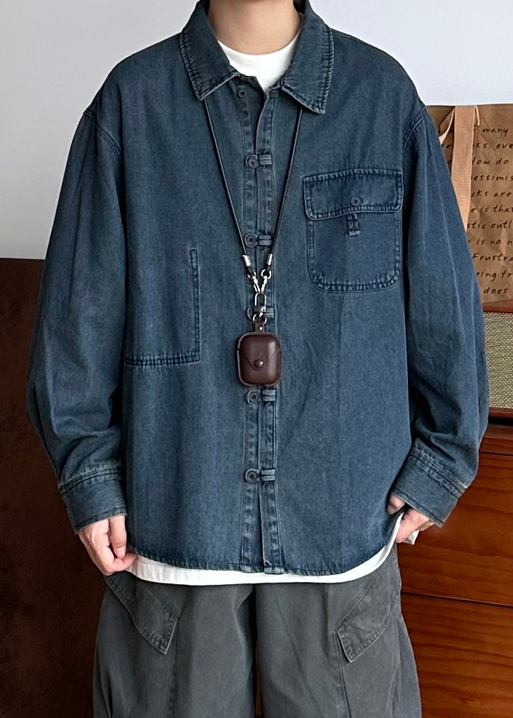 Men Pockets Oversized Button Blue Coat Vintage Spring Denim