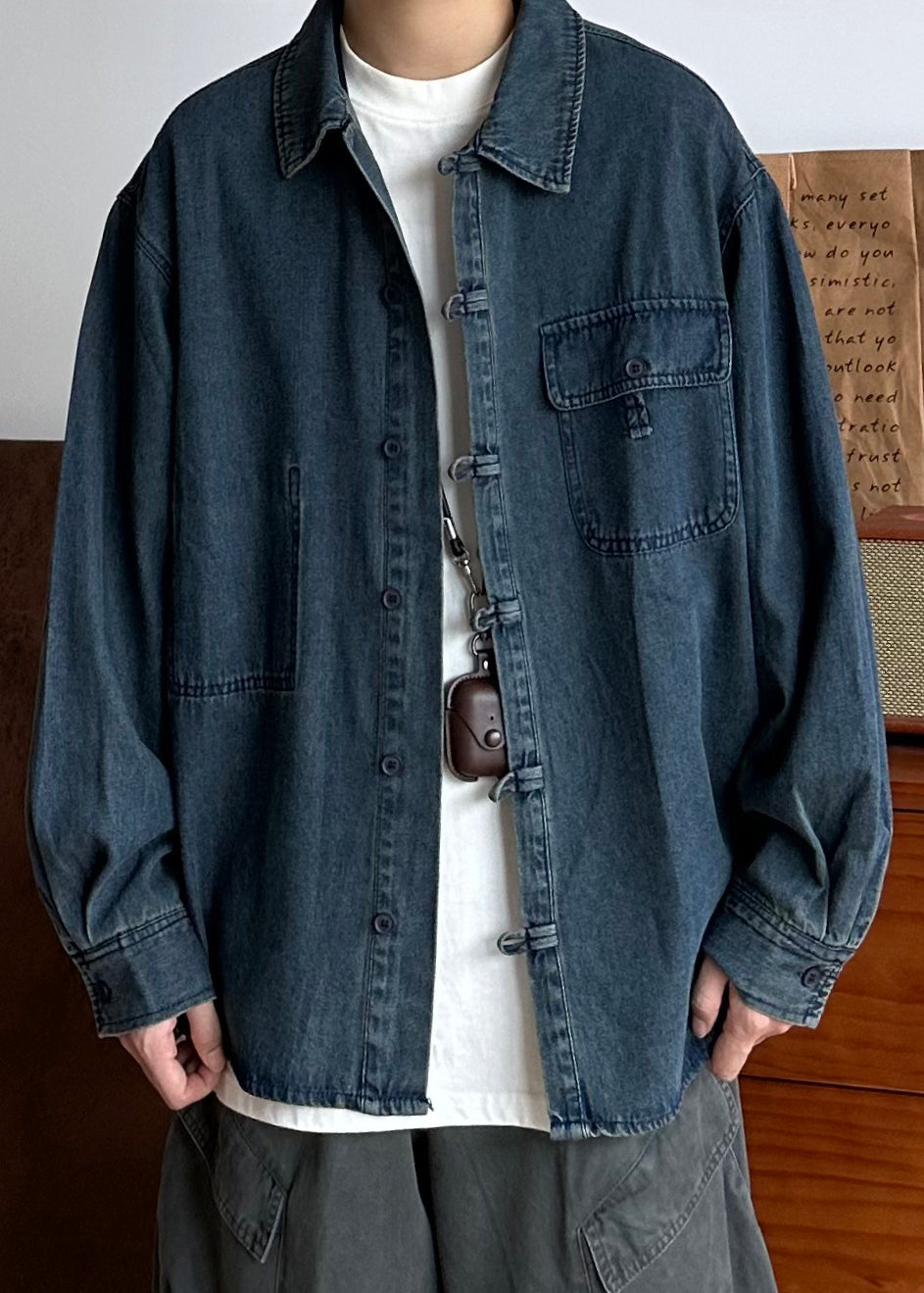 Men Pockets Oversized Button Blue Coat Vintage Spring Denim
