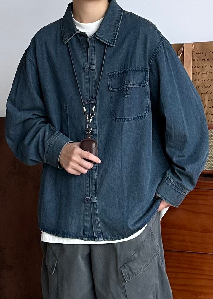 Men Pockets Oversized Button Blue Coat Vintage Spring Denim