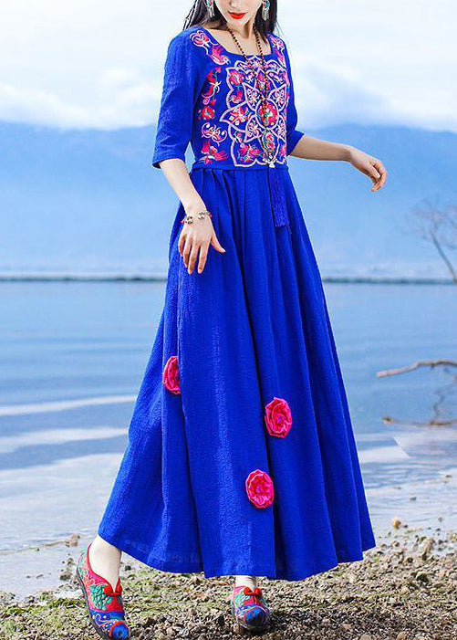 Vintage Blue Embroidered Tie Waist Cotton Long Dress Half Sleeve KK094