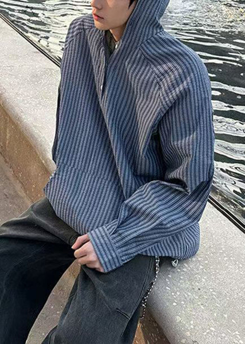 Spring Shirts Cotton Striped Vintage Hooded Blue Men's Button