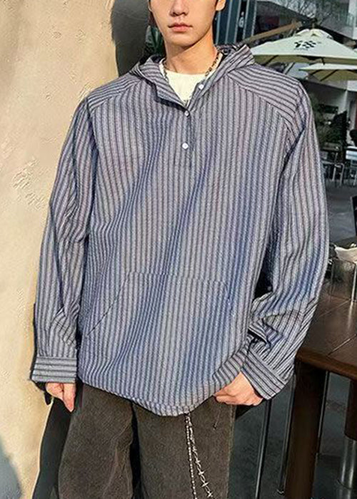 Spring Shirts Cotton Striped Vintage Hooded Blue Men's Button