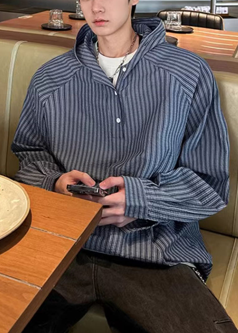 Spring Shirts Cotton Striped Vintage Hooded Blue Men's Button