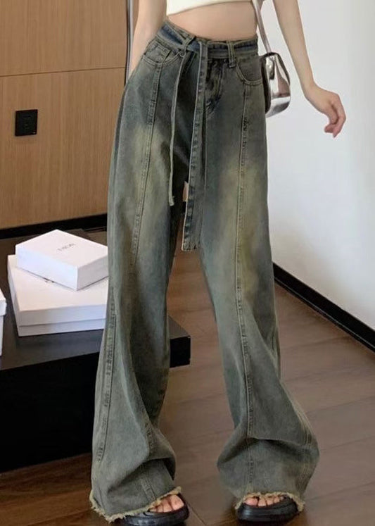 Vintage Spring Denim Pockets Blue Lace Up Pants