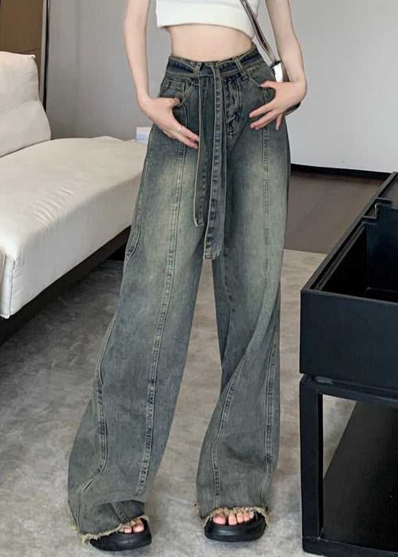 Vintage Spring Denim Pockets Blue Lace Up Pants