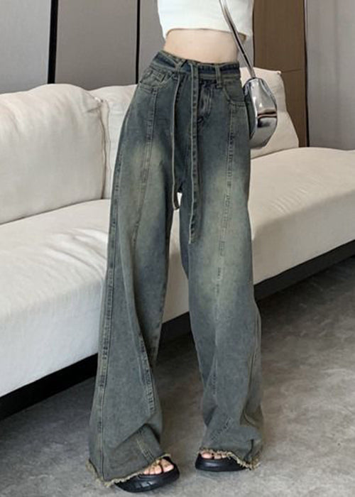 Vintage Spring Denim Pockets Blue Lace Up Pants