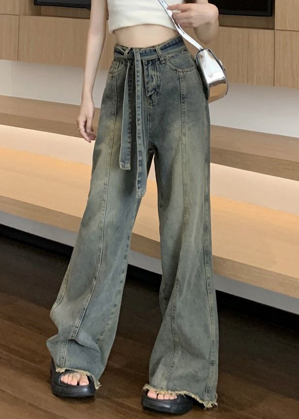 Vintage Spring Denim Pockets Blue Lace Up Pants