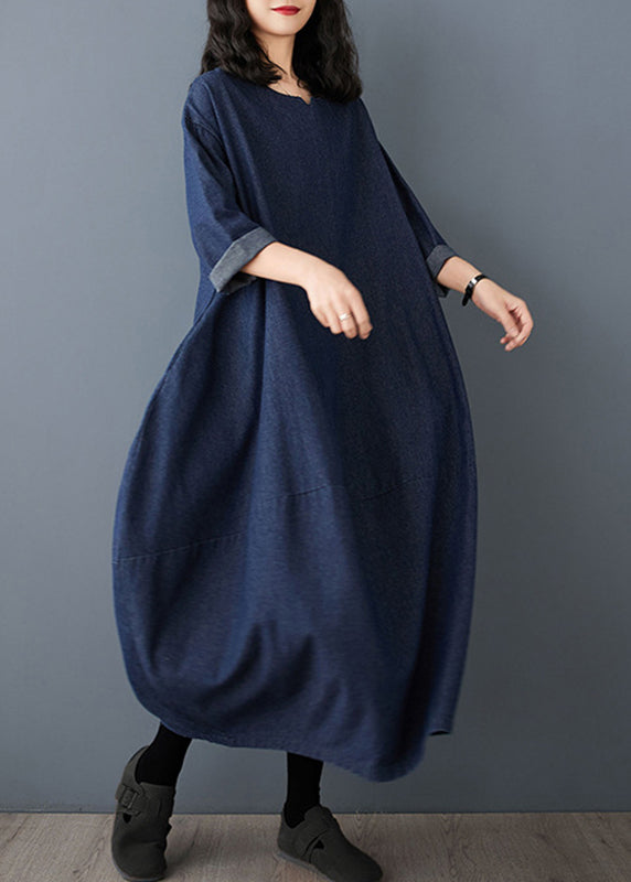 Blue Dress Maxi Vintage O-Neck Denim Sleeve Ruffled