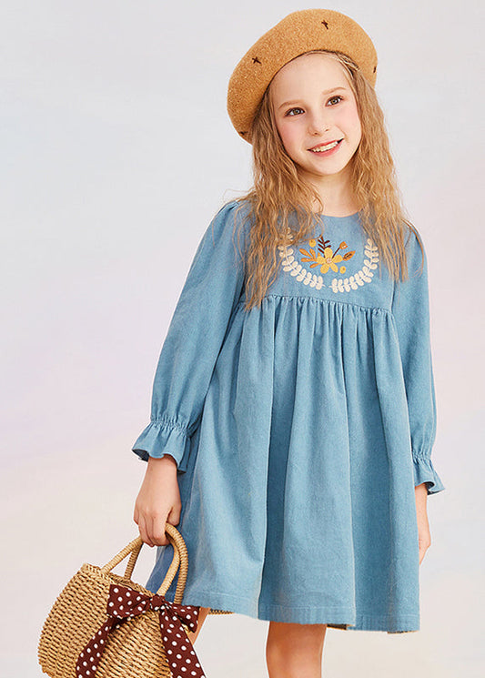 Vintage Blue O-Neck Print Girls Mid Dress Puff Sleeve YE020