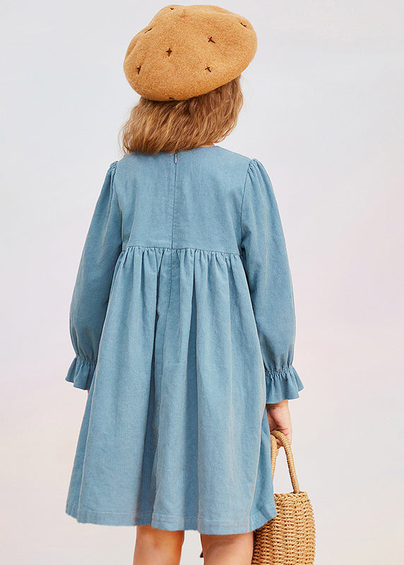 Vintage Blue O-Neck Print Girls Mid Dress Puff Sleeve YE020