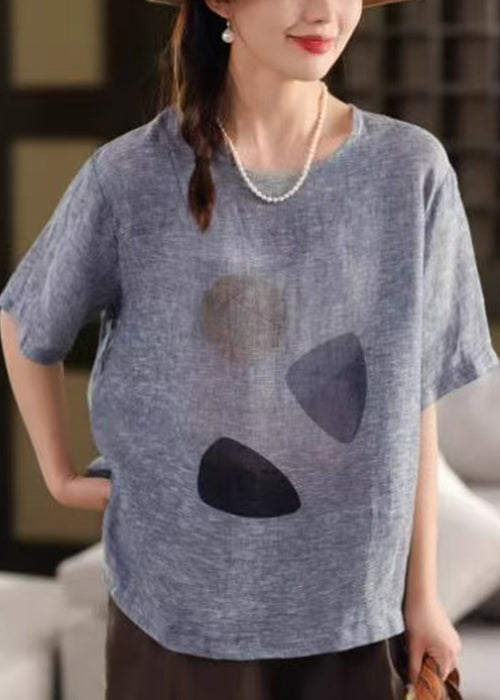 Neck T Print O Blue Shirts Linen Vintage Summer