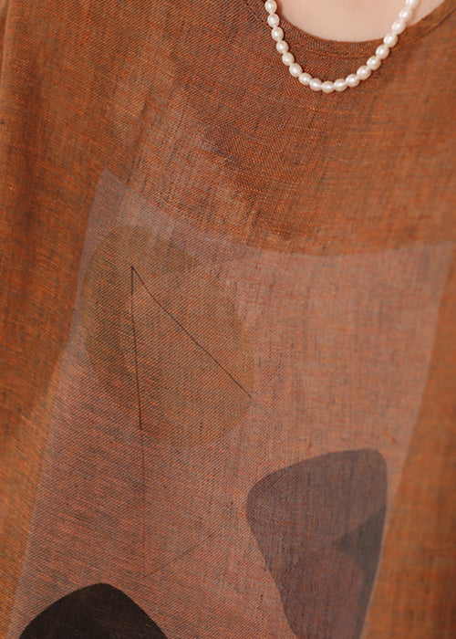 Neck T Print O Blue Shirts Linen Vintage Summer