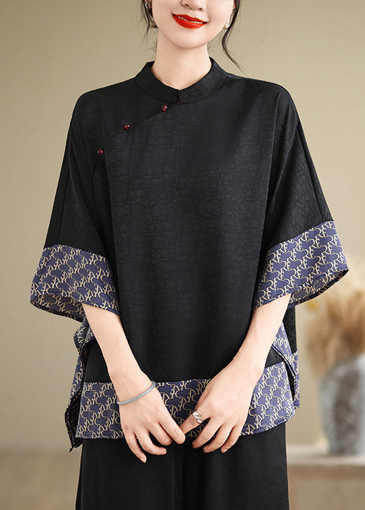 Vintage Blue Oversized Patchwork Silk Shirts Summer TM040