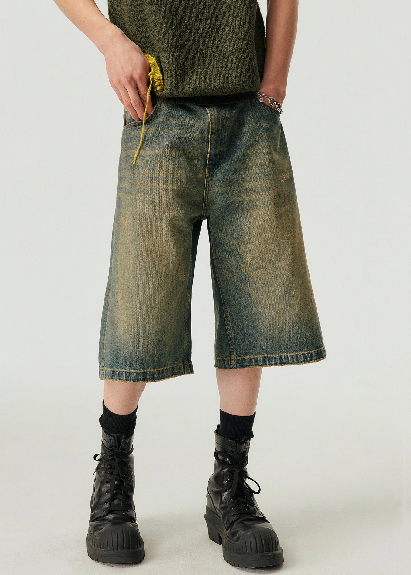 Vintage Blue Pockets High Waist Denim Men Shorts Summer YL013