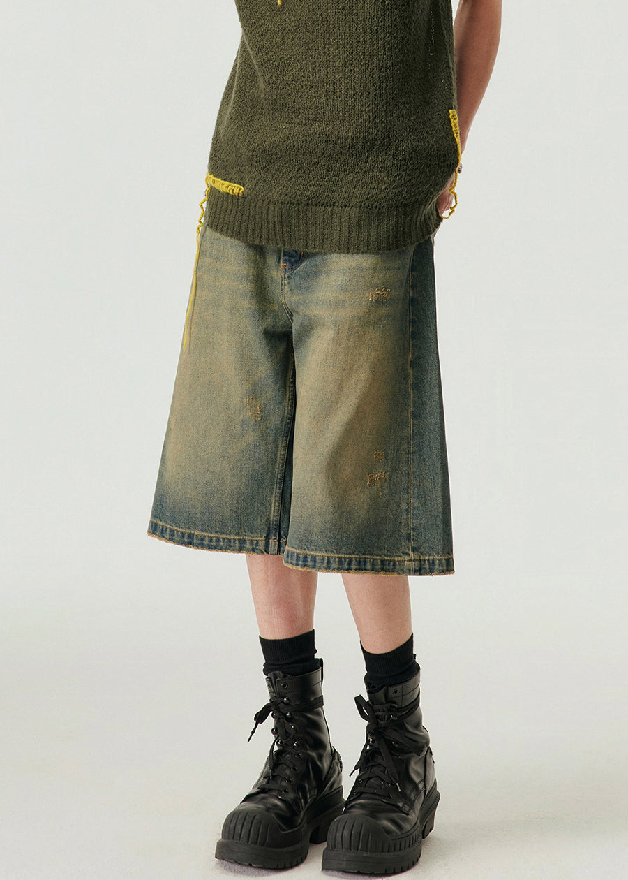 Vintage Blue Pockets High Waist Denim Men Shorts Summer YL013