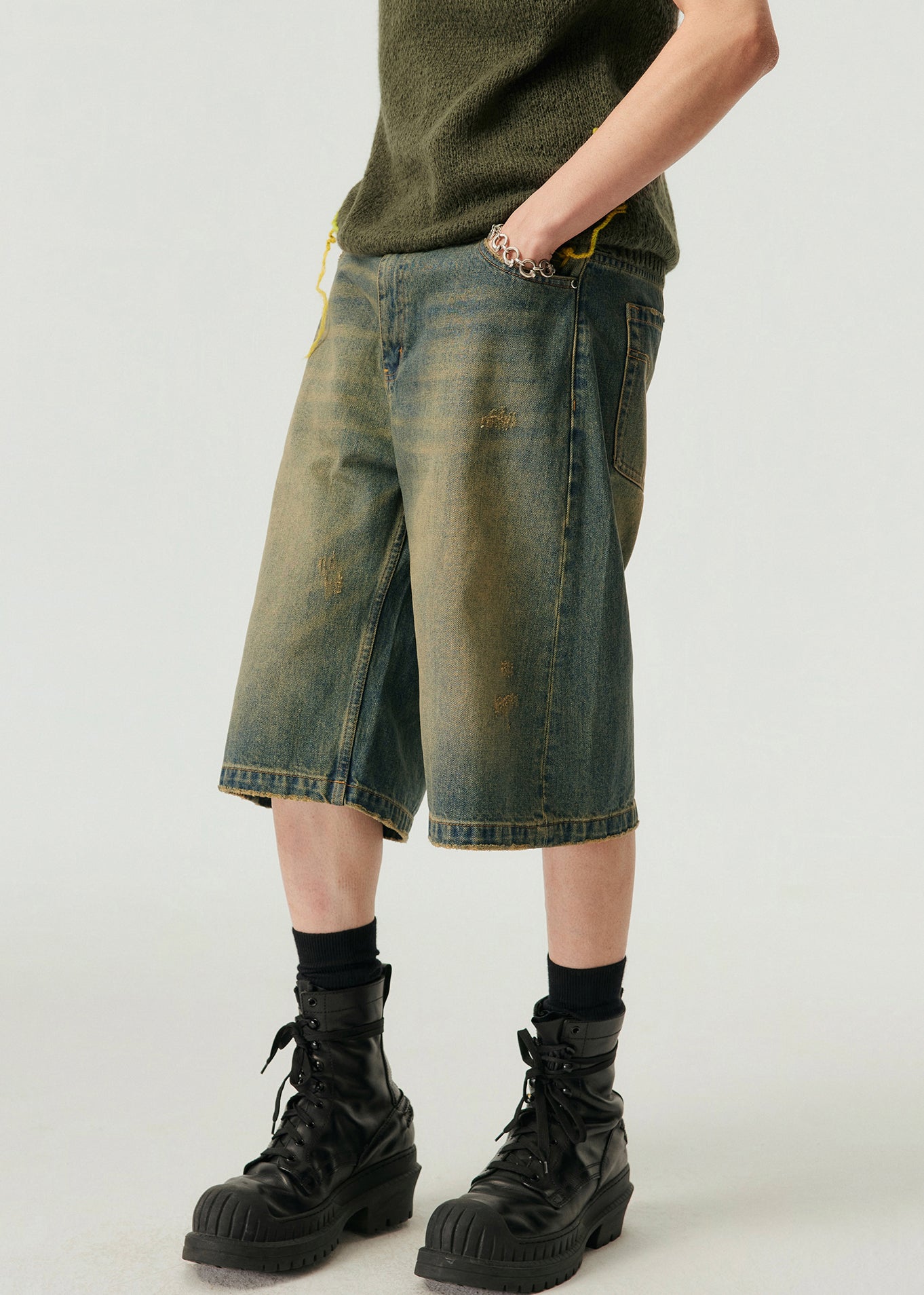 Vintage Blue Pockets High Waist Denim Men Shorts Summer YL013