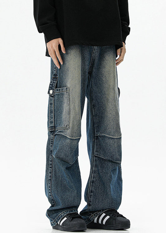 Spring High Denim Pants Mens Waist Pockets Vintage Blue