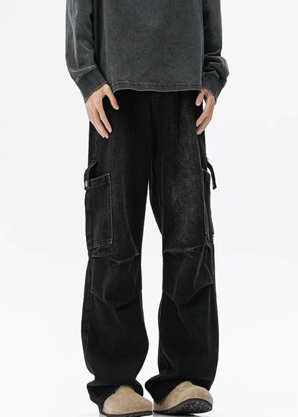 Spring High Denim Pants Mens Waist Pockets Vintage Blue