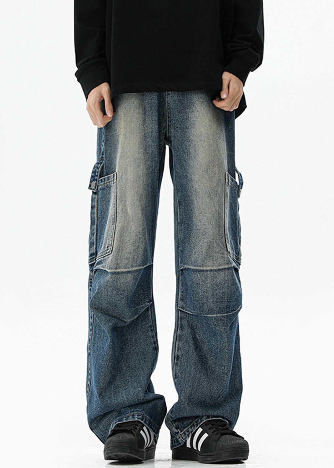 Spring High Denim Pants Mens Waist Pockets Vintage Blue