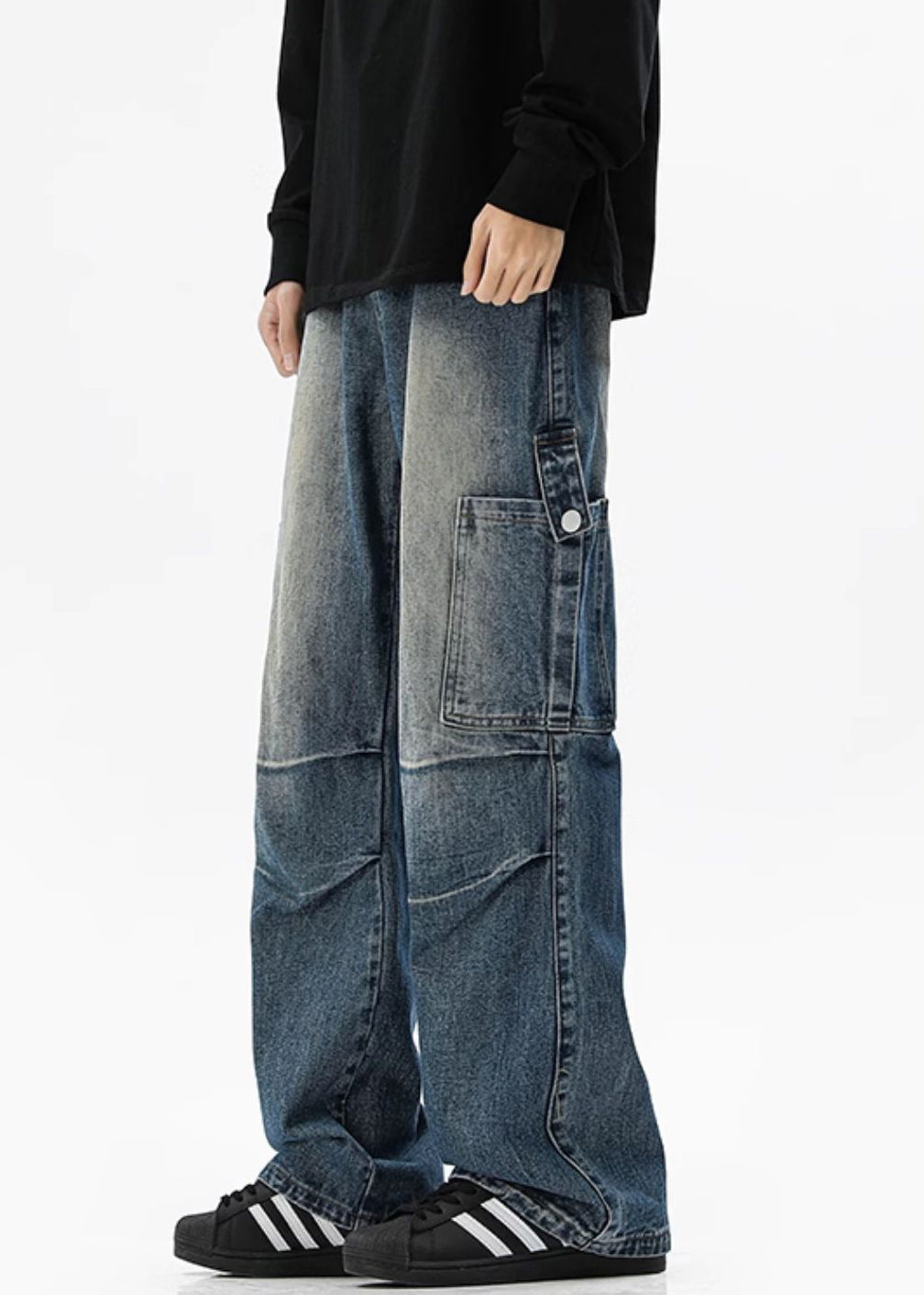 Spring High Denim Pants Mens Waist Pockets Vintage Blue