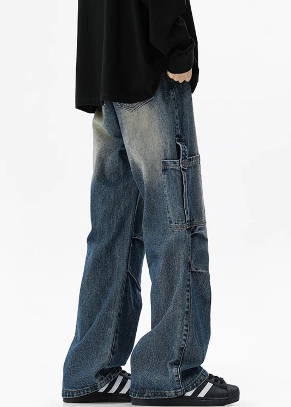 Spring High Denim Pants Mens Waist Pockets Vintage Blue