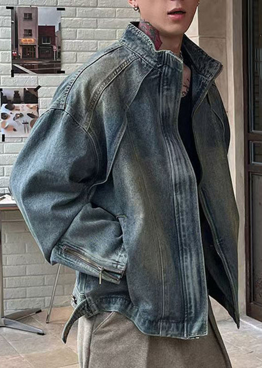 Vintage Blue Zip Up Pockets Denim Men Coat Spring TC048
