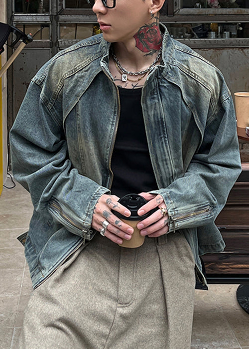 Vintage Blue Zip Up Pockets Denim Men Coat Spring TC048